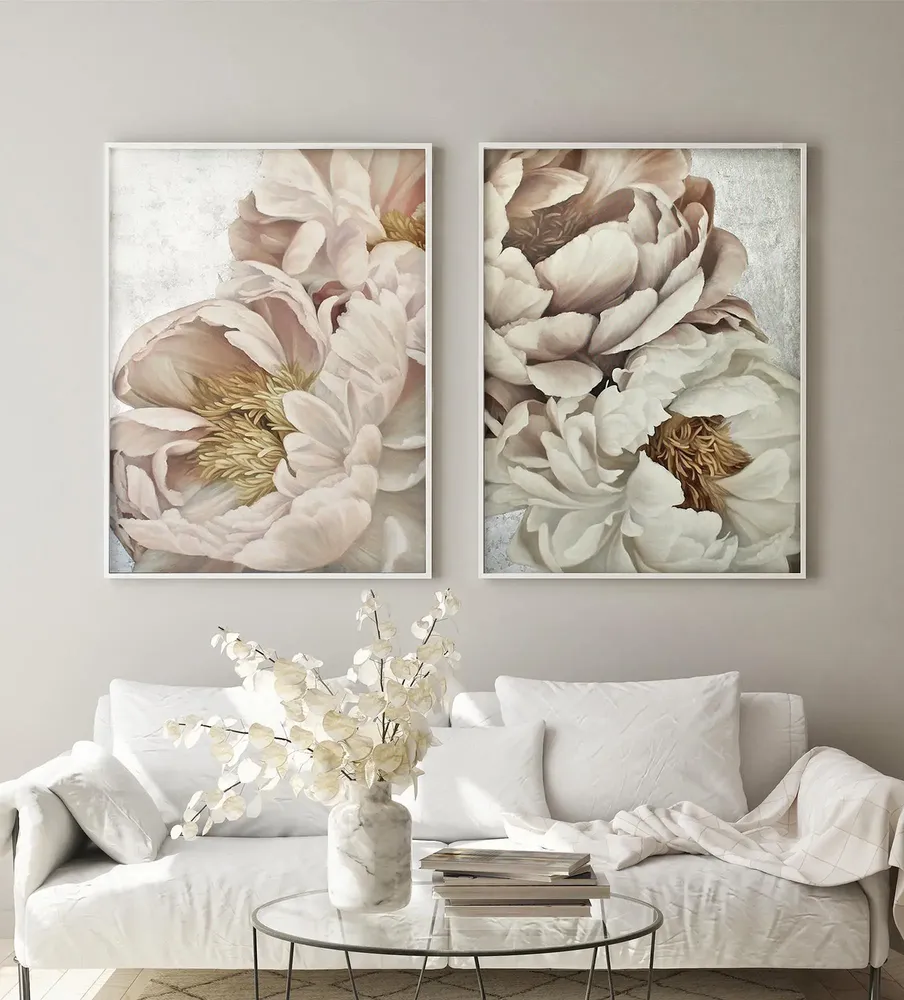 Office design and planning - « Peonies » Series of handmade textured abstract paintings - MATISS ART STUDIO