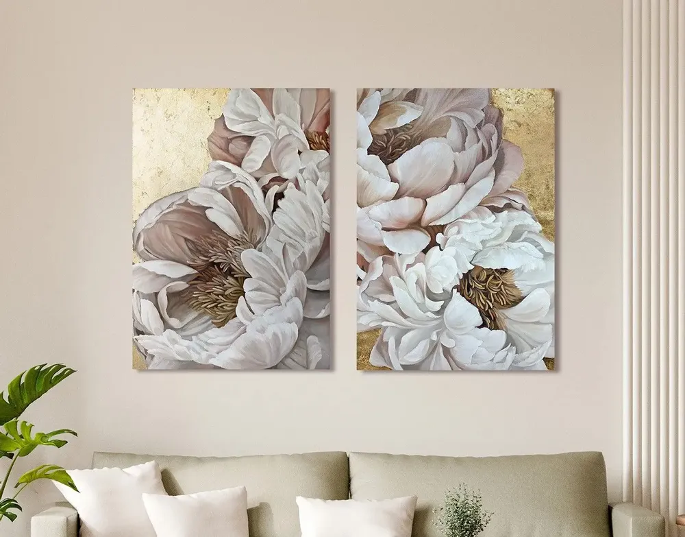 Office design and planning - « Peonies » Series of handmade textured abstract paintings - MATISS ART STUDIO