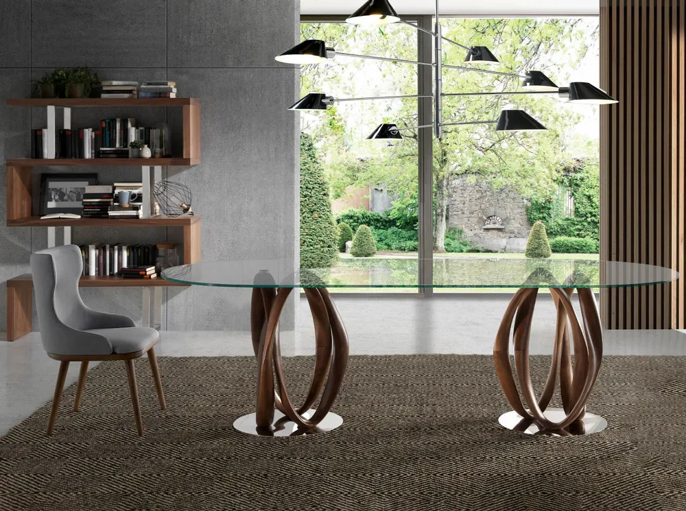 Dining Tables - Oval oval dining table half round tempered glass and walnut - ANGEL CERDÁ