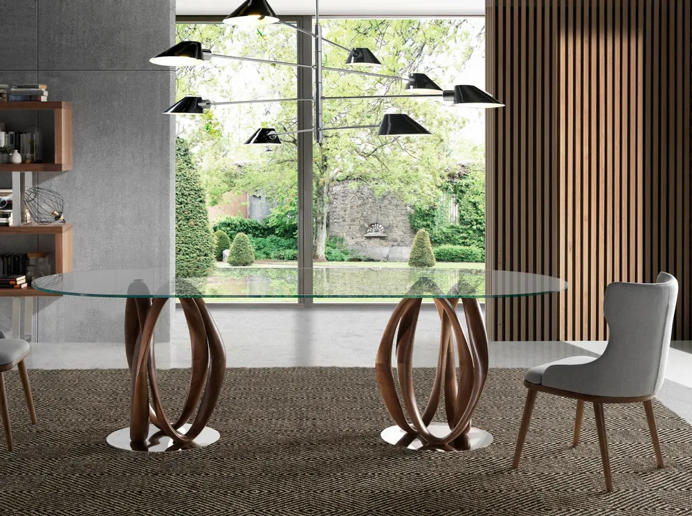 Dining Tables - Oval oval dining table half round tempered glass and walnut - ANGEL CERDÁ