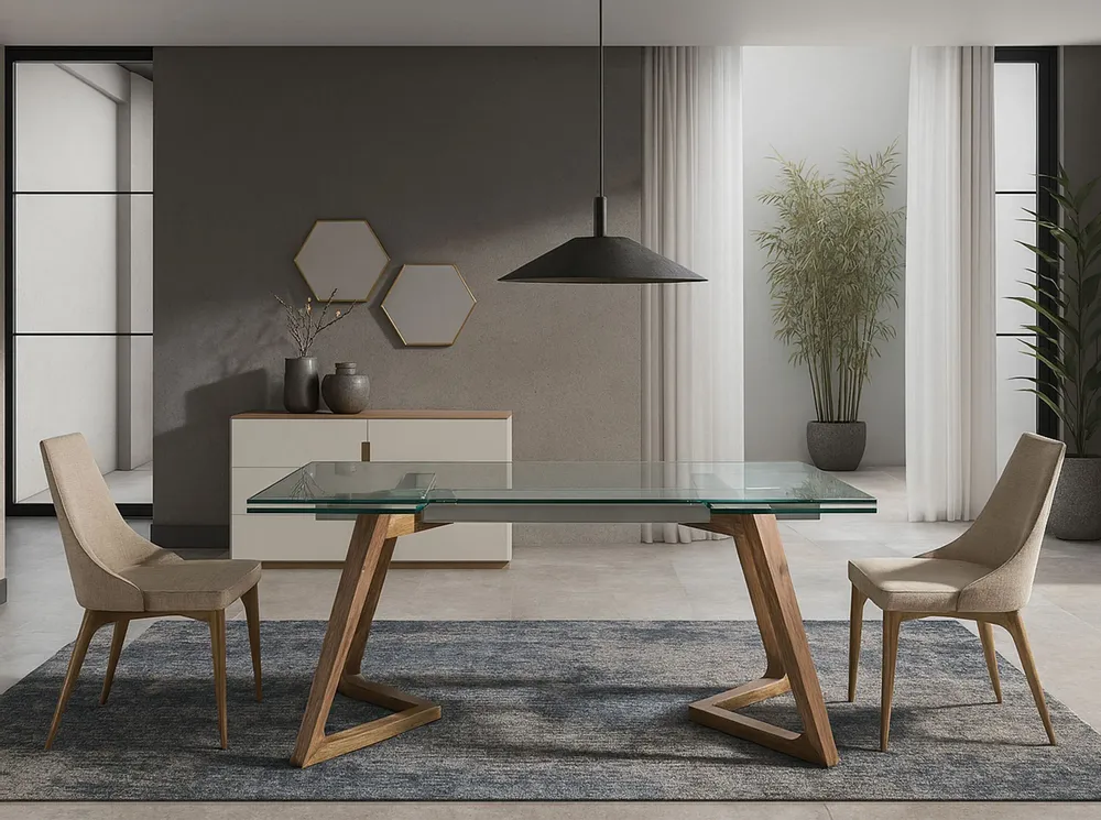 Dining Tables - Rectangular tempered glass and walnut extending dining table - ANGEL CERDÁ