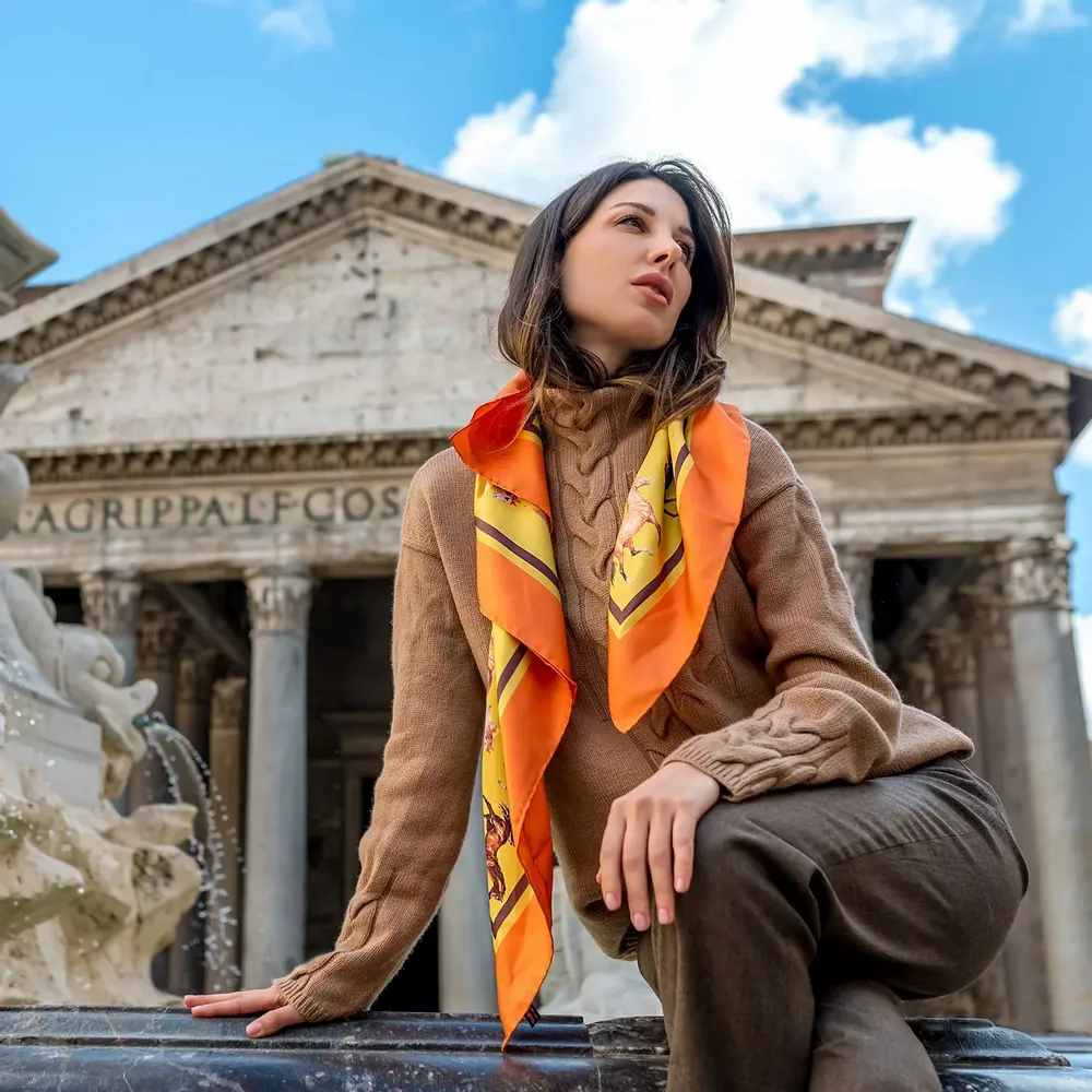 Scarves - Silk Scarf Majestic Horses Golden Orange 70X70 cm - RALUFINEART