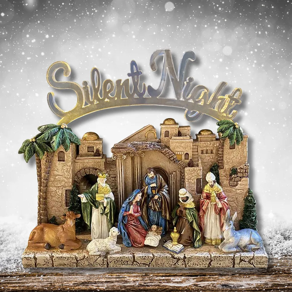 Nativity scenes and santons - Color Nativity Scene – “Silent Night” Arch with Village Background - BLUE STAR B.V.