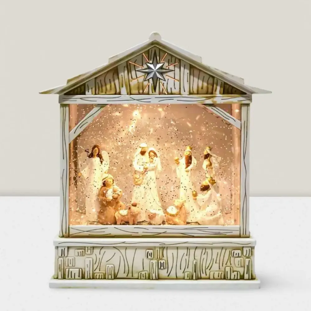 Nativity scenes and santons - LED Nativity Scene Lantern with Glitter, Warm White Light, Timer & DC - BLUE STAR B.V.