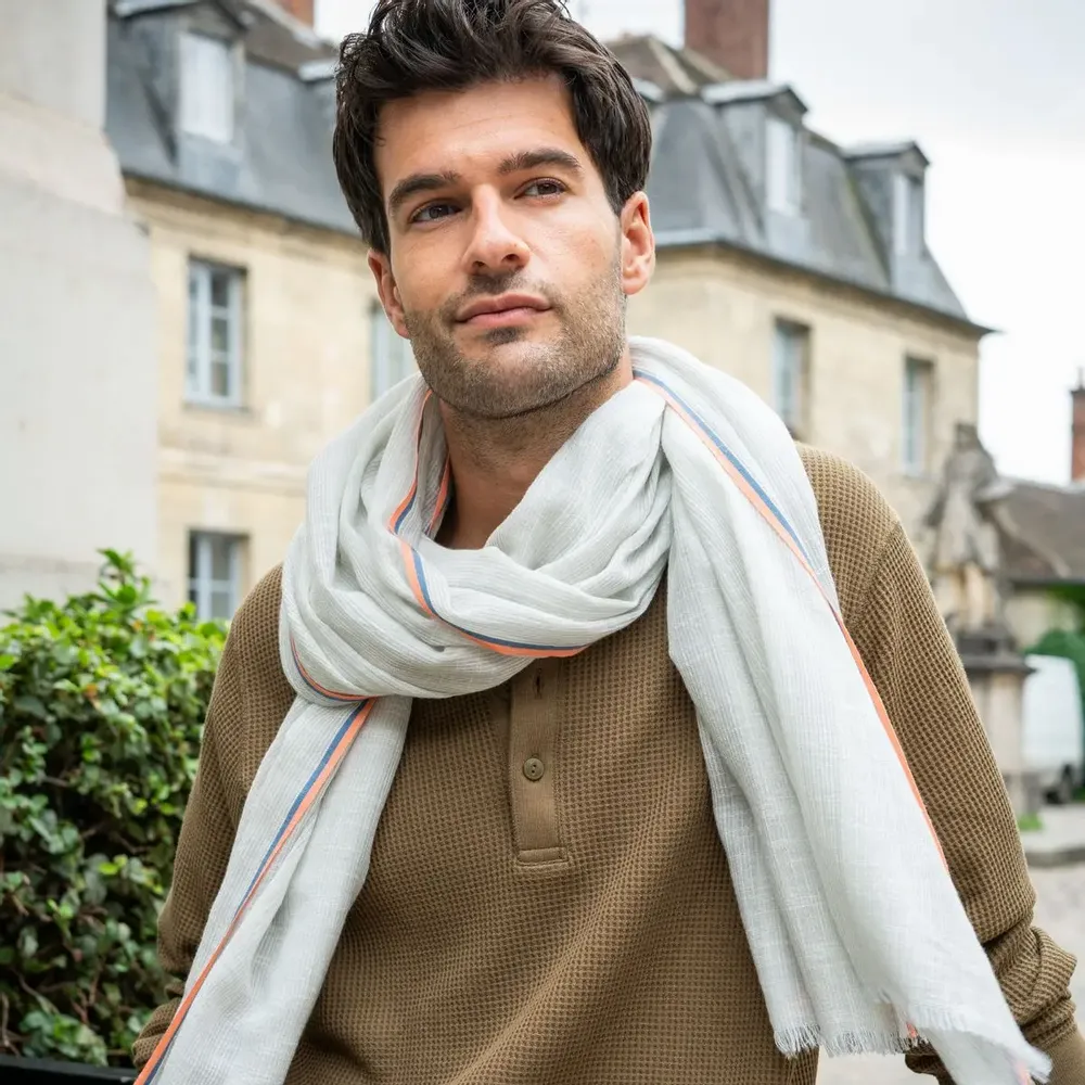 Foulards et écharpes - Chèche homme rayé bleu ciel blanc SIDI KAOUKI - AV08 PARIS