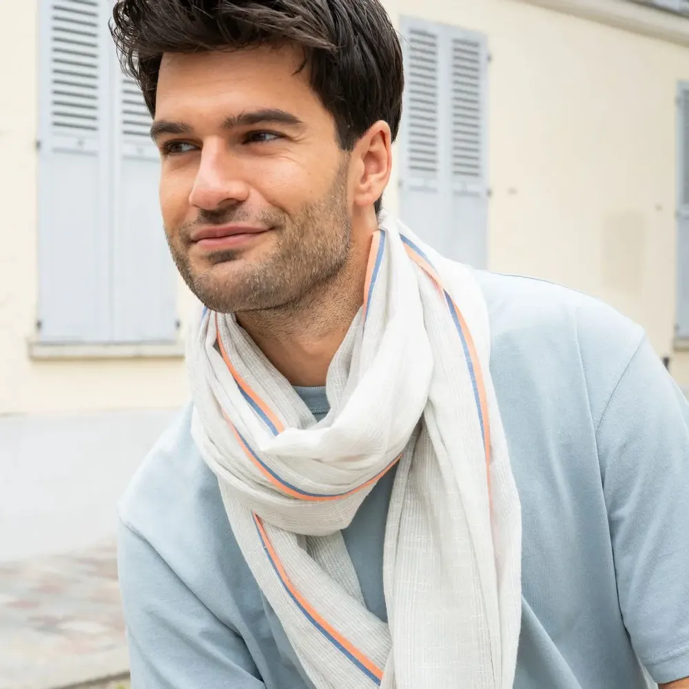 Foulards et écharpes - Chèche homme rayé bleu ciel blanc SIDI KAOUKI - AV08 PARIS