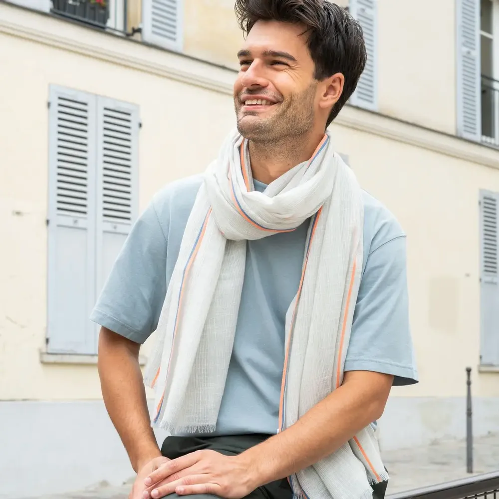 Foulards et écharpes - Chèche homme rayé bleu ciel blanc SIDI KAOUKI - AV08 PARIS