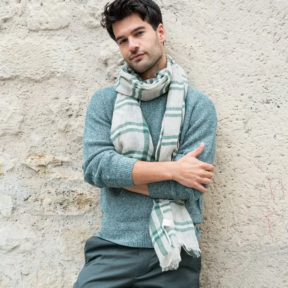 Foulards et écharpes - Chèche homme rayé lin vert beige KAKADU - AV08 PARIS