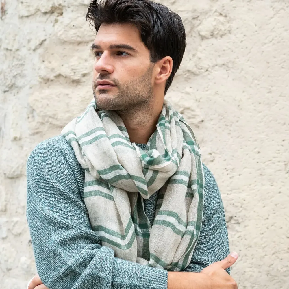 Foulards et écharpes - Chèche homme rayé lin vert beige KAKADU - AV08 PARIS