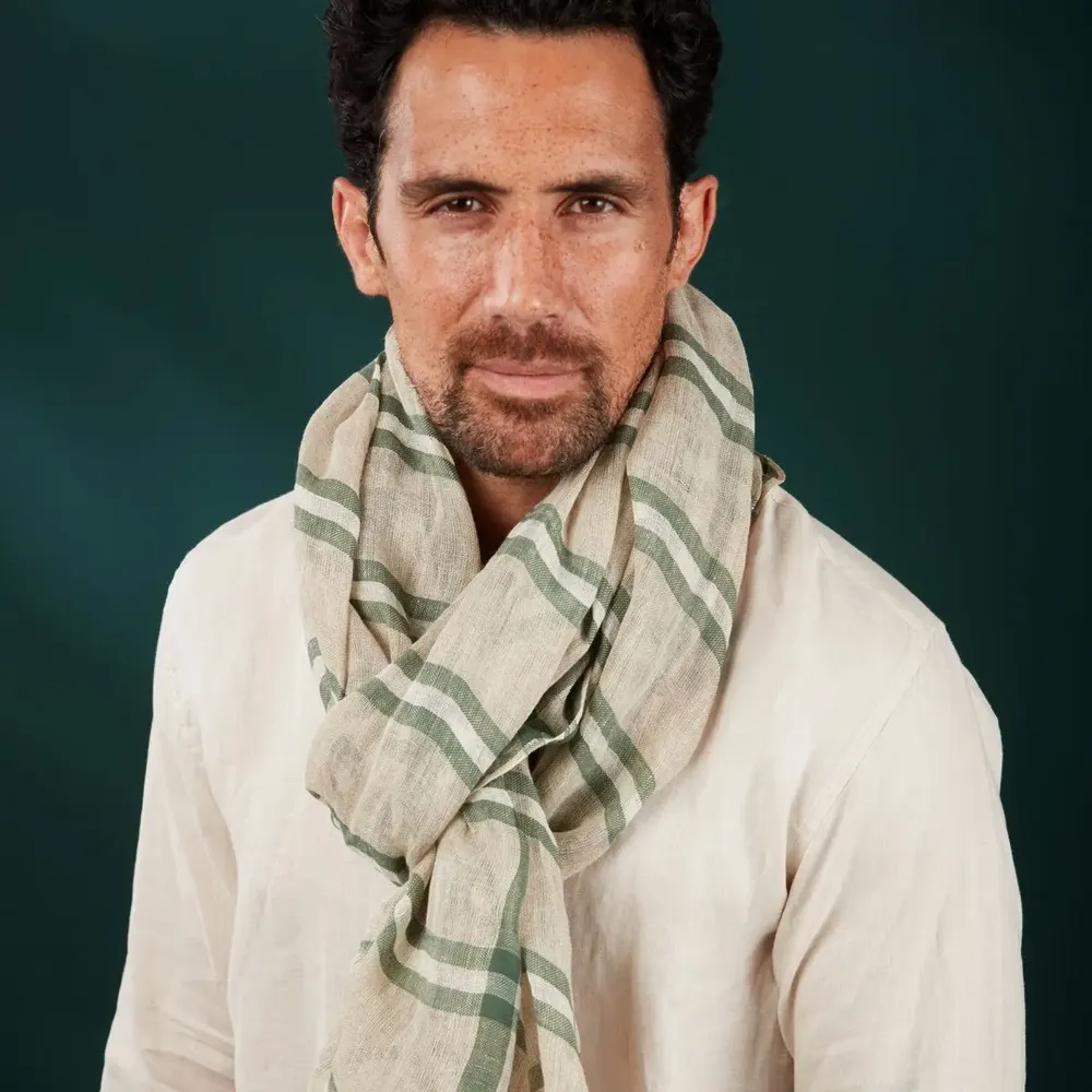 Foulards et écharpes - Chèche homme rayé lin vert beige KAKADU - AV08 PARIS