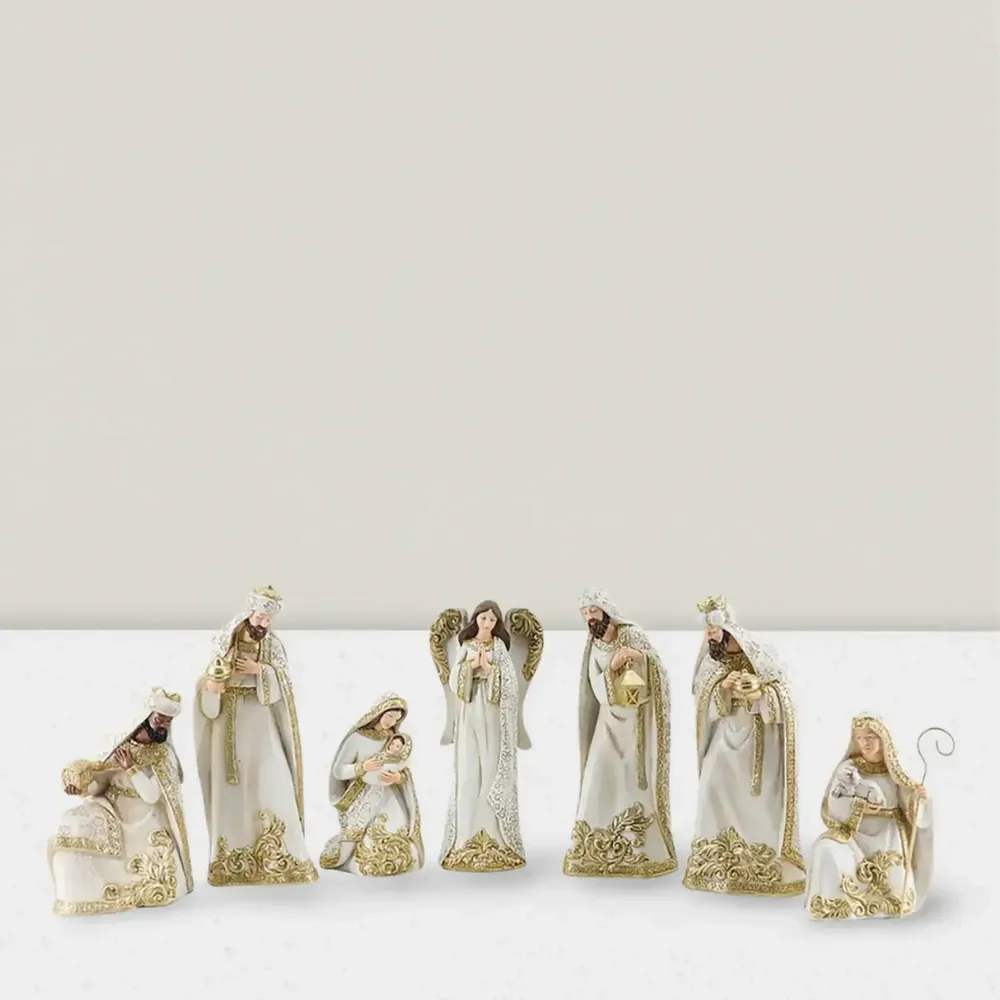 Crèches et santons - Crèche Élégante – Ensemble de 8 Figurines Blanc et Or - BLUE STAR B.V.