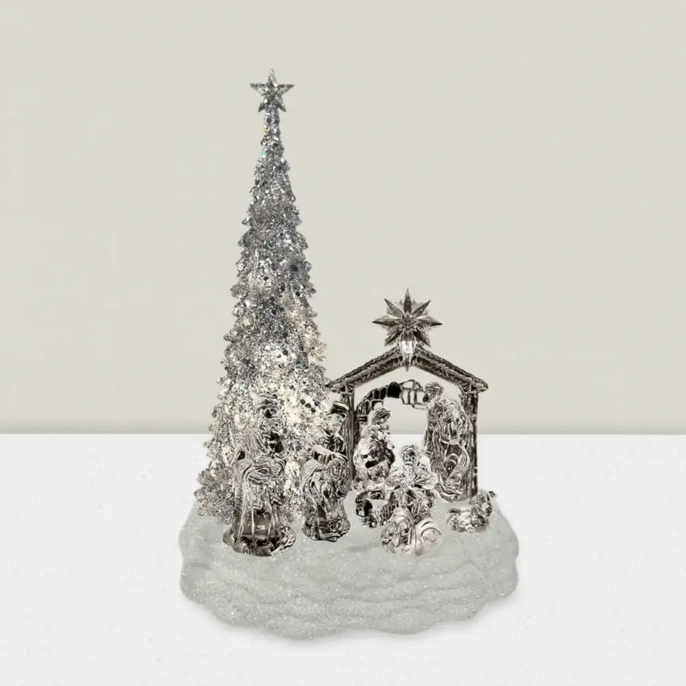 Nativity scenes and santons - LED Musical Nativity Scene with Tree – Crystal Look & Glitter Base - BLUE STAR B.V.