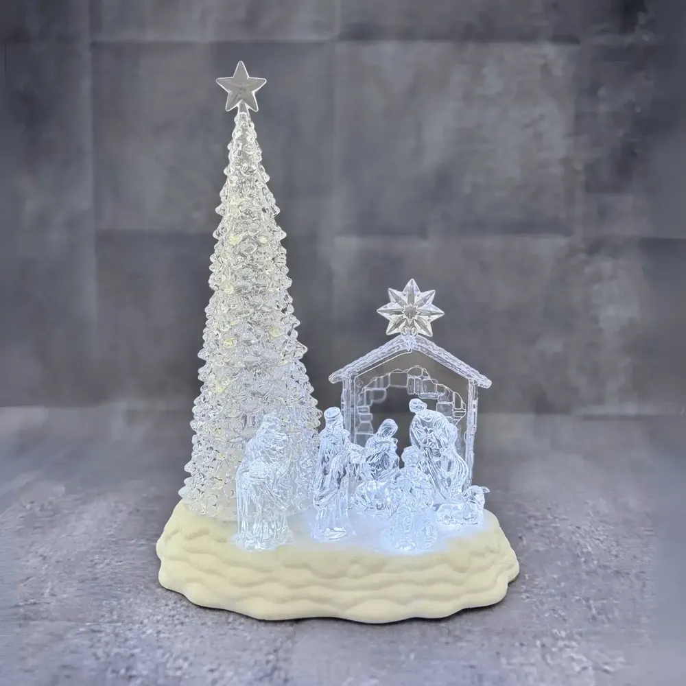 Nativity scenes and santons - LED Musical Nativity Scene with Tree – Crystal Look & Glitter Base - BLUE STAR B.V.