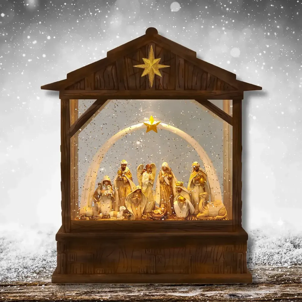 Crèches et santons - Lanterne Crèche LED avec Paillettes, Lumière Chaleureuse, Minuterie et DC - BLUE STAR B.V.