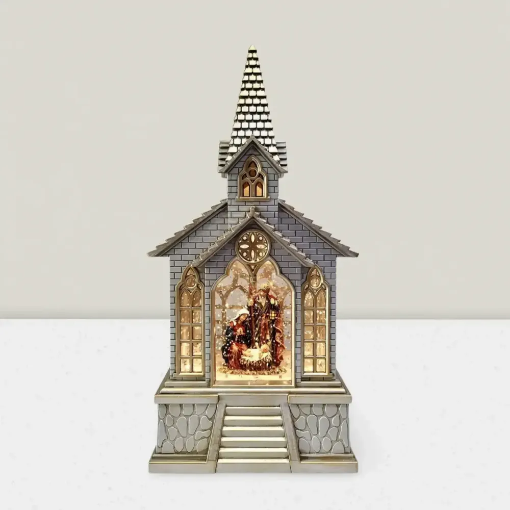 Nativity scenes and santons - LED Church Lantern with Stained Glass Windows, Warm White Light, Timer & DC - BLUE STAR B.V.