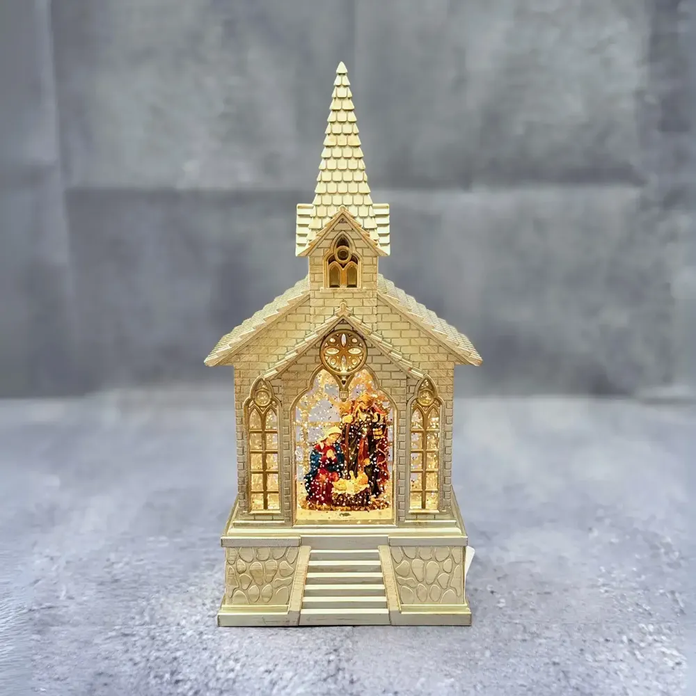 Nativity scenes and santons - LED Church Lantern with Stained Glass Windows, Warm White Light, Timer & DC - BLUE STAR B.V.