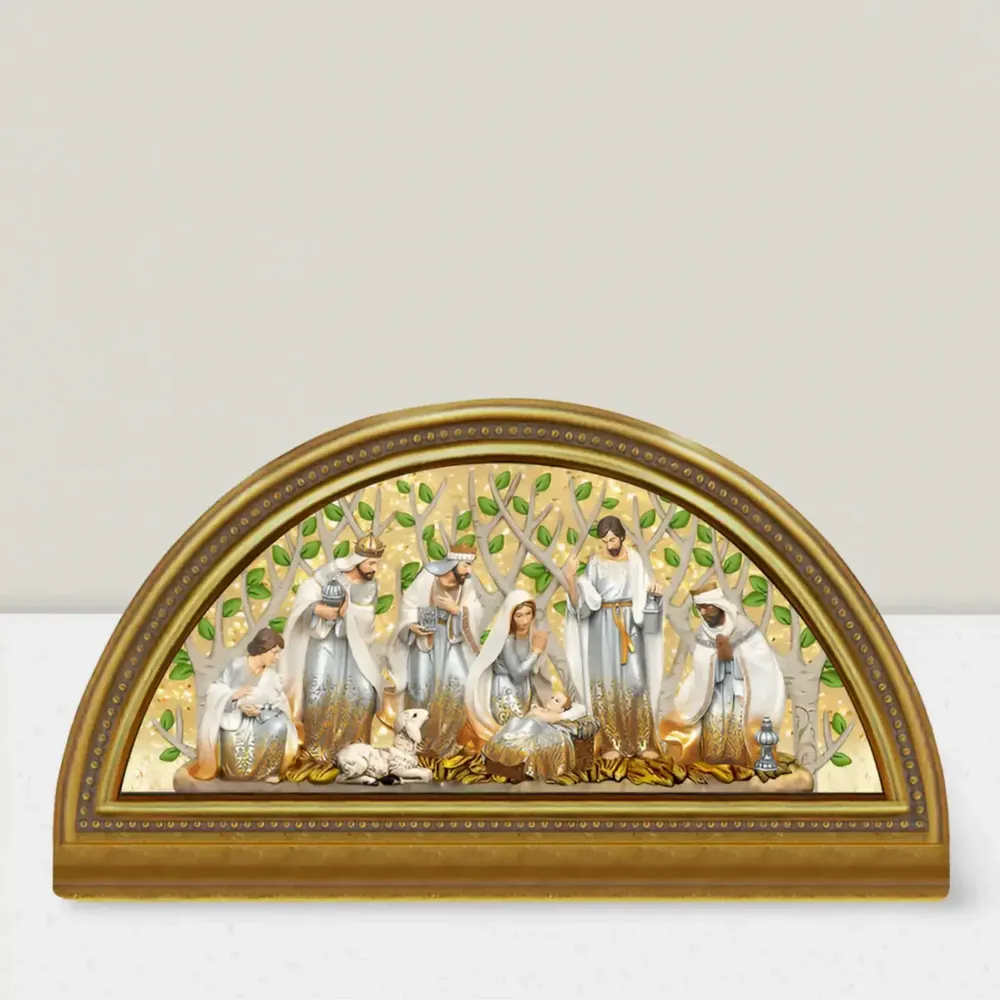 Crèches et santons - Crèche LED avec Arbre en Arrière-Plan, Arche Dorée, Lumière Chaleureuse, Minuterie et DC - BLUE STAR B.V.