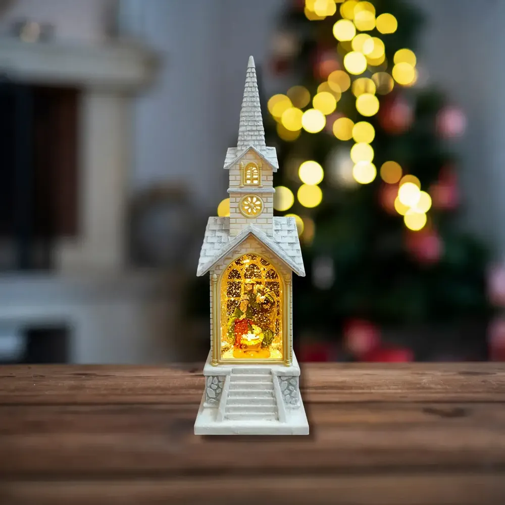 Crèches et santons - Église Crèche LED Haute avec Musique, Lumière Chaleureuse, Paillettes et DC - BLUE STAR B.V.