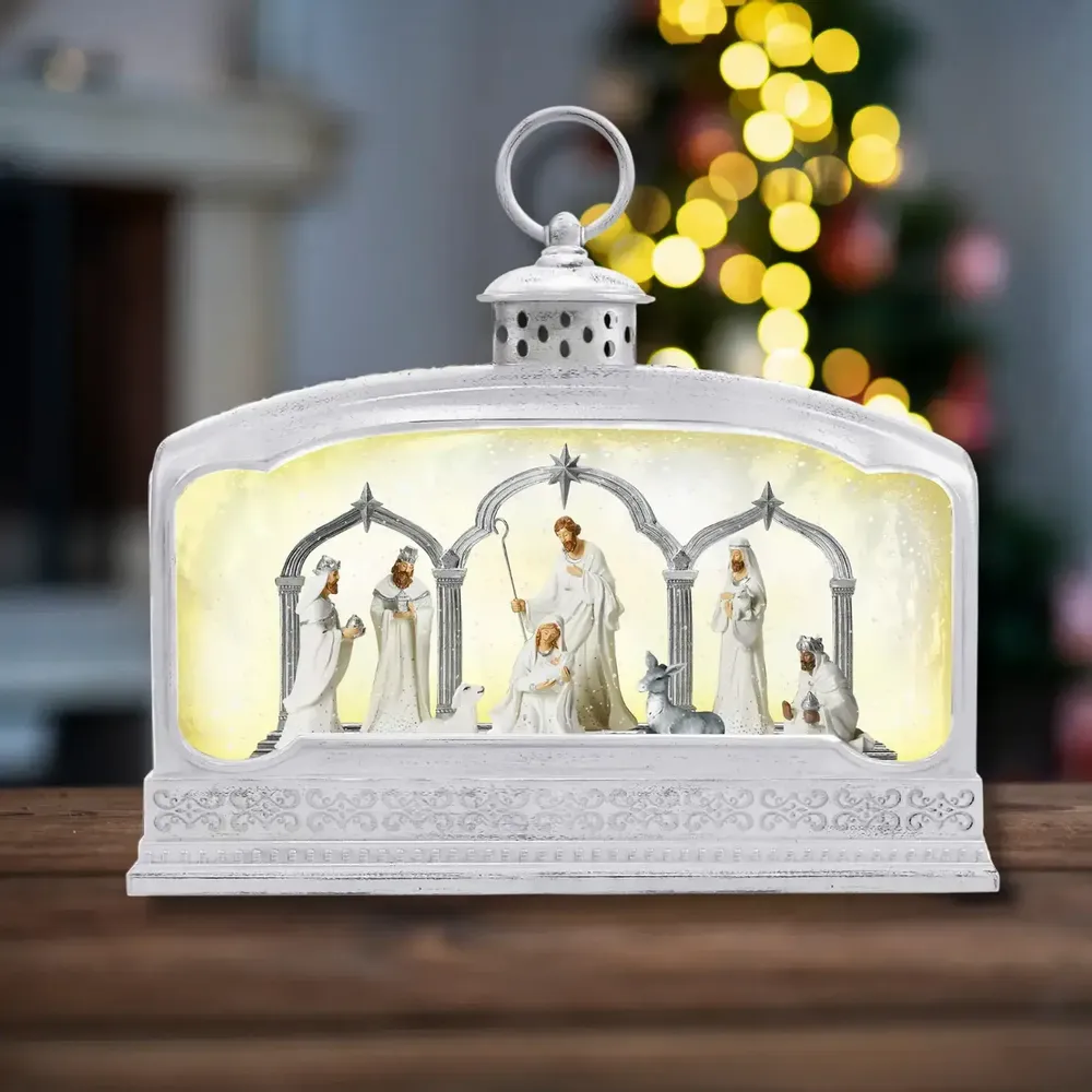 Nativity scenes and santons - White LED Nativity Lantern with Gothic Arches, Warm White Light, Timer & DC - BLUE STAR B.V.