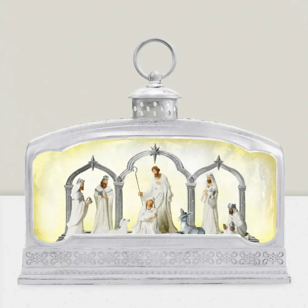 Nativity scenes and santons - White LED Nativity Lantern with Gothic Arches, Warm White Light, Timer & DC - BLUE STAR B.V.