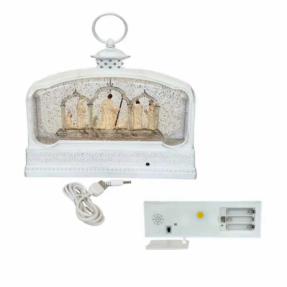 Nativity scenes and santons - White LED Nativity Lantern with Gothic Arches, Warm White Light, Timer & DC - BLUE STAR B.V.