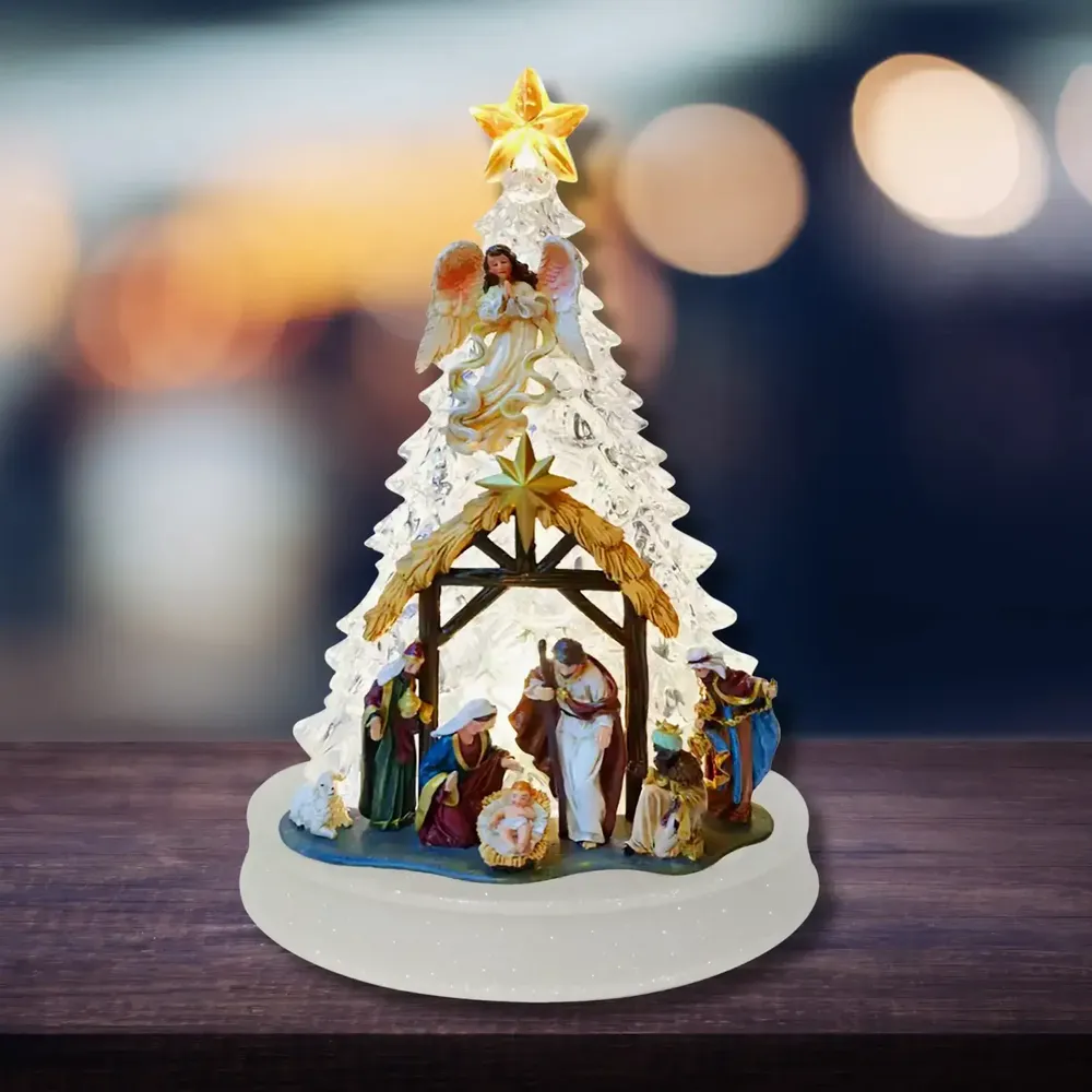 Nativity scenes and santons - LED Nativity Scene with Tree and Angel – Warm Light & Music - BLUE STAR B.V.