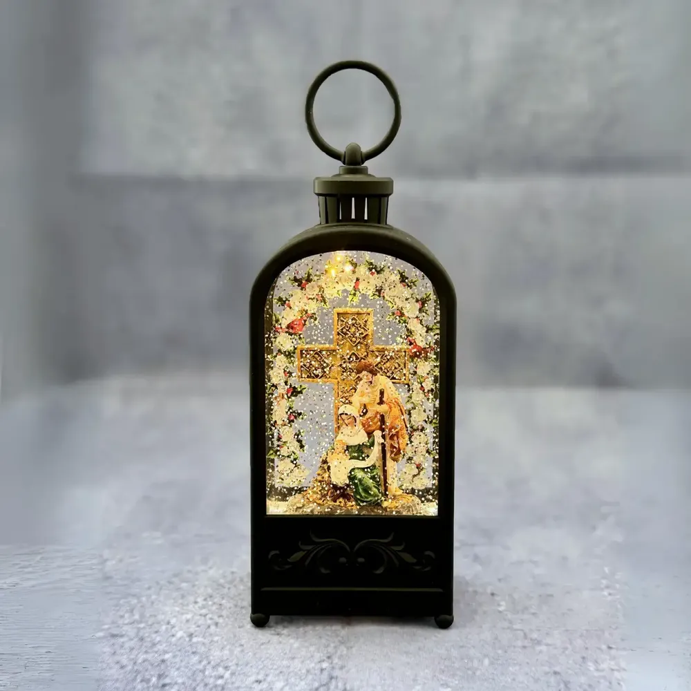 Crèches et santons - Lanterne de la Sainte Famille avec Croix et Arche Florale – Scène de Nativité Illuminée - BLUE STAR B.V.