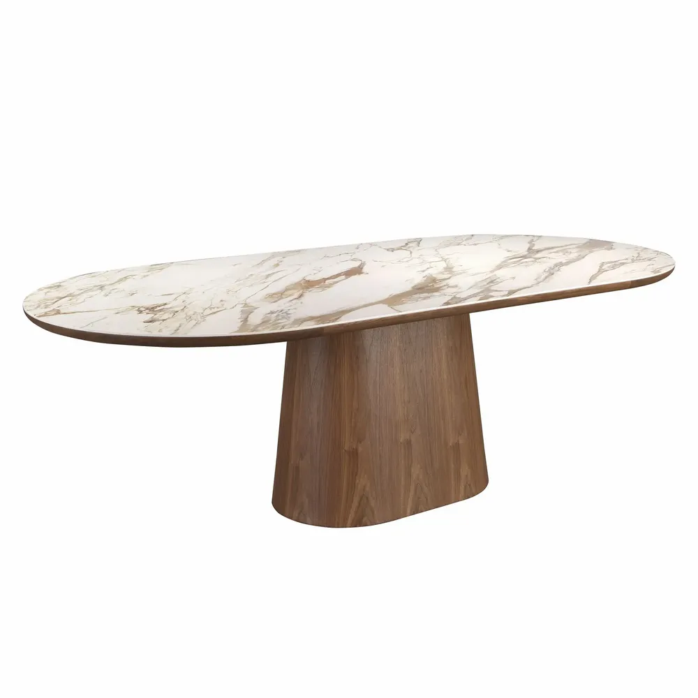 Dining Tables - Porcelain marble and walnut half round oval dining table - ANGEL CERDÁ