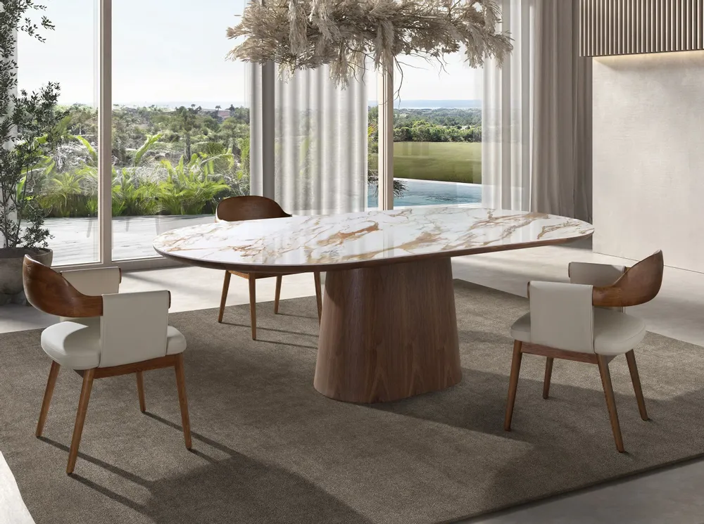 Dining Tables - Porcelain marble and walnut half round oval dining table - ANGEL CERDÁ