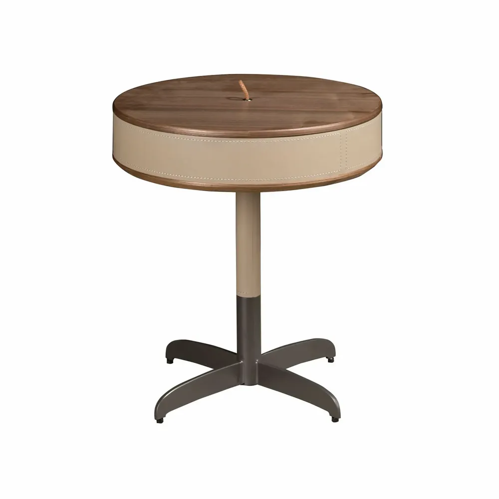 Coffee tables - Round corner table leather, walnut and grey steel - ANGEL CERDÁ
