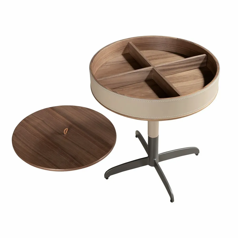 Coffee tables - Round corner table leather, walnut and grey steel - ANGEL CERDÁ