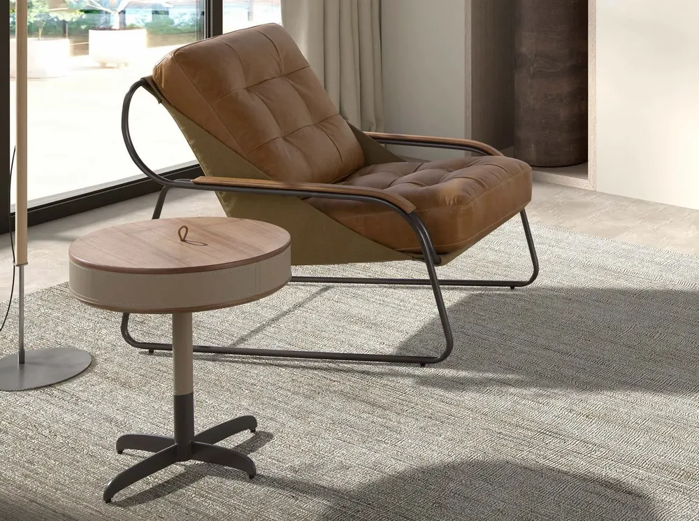 Coffee tables - Round corner table leather, walnut and grey steel - ANGEL CERDÁ