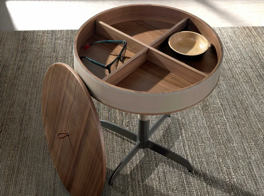 Coffee tables - Round corner table leather, walnut and grey steel - ANGEL CERDÁ