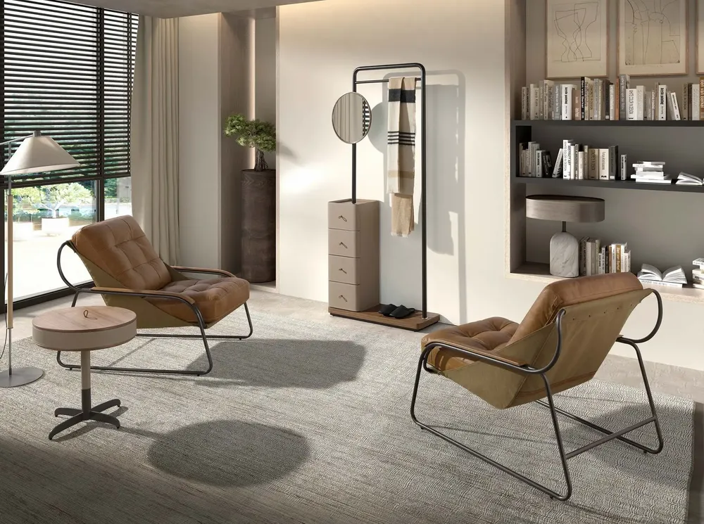 Coffee tables - Round corner table leather, walnut and grey steel - ANGEL CERDÁ