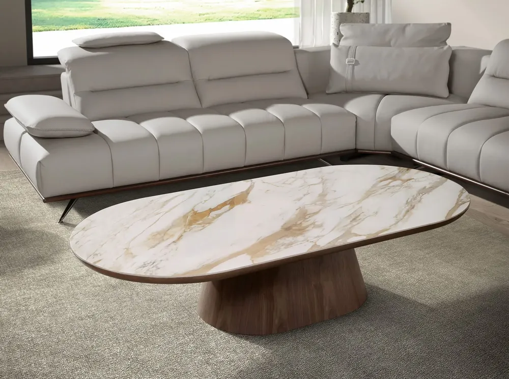 Tables basses - Table basse ovale demi-ronde en porcelaine et noyer - ANGEL CERDÁ