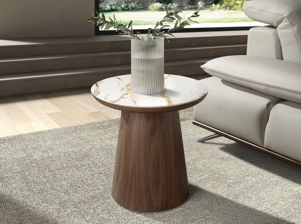 Coffee tables - Porcelain marble and walnut round corner table - ANGEL CERDÁ