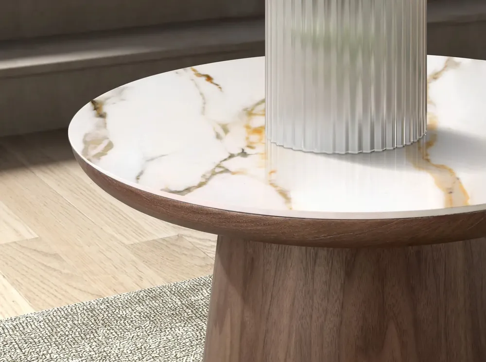 Coffee tables - Porcelain marble and walnut round corner table - ANGEL CERDÁ