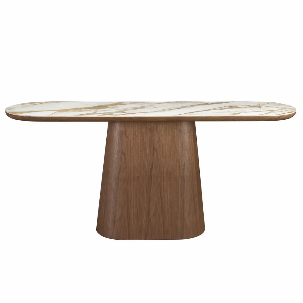 Console table - Porcelain marble and walnut half round oval console table - ANGEL CERDÁ