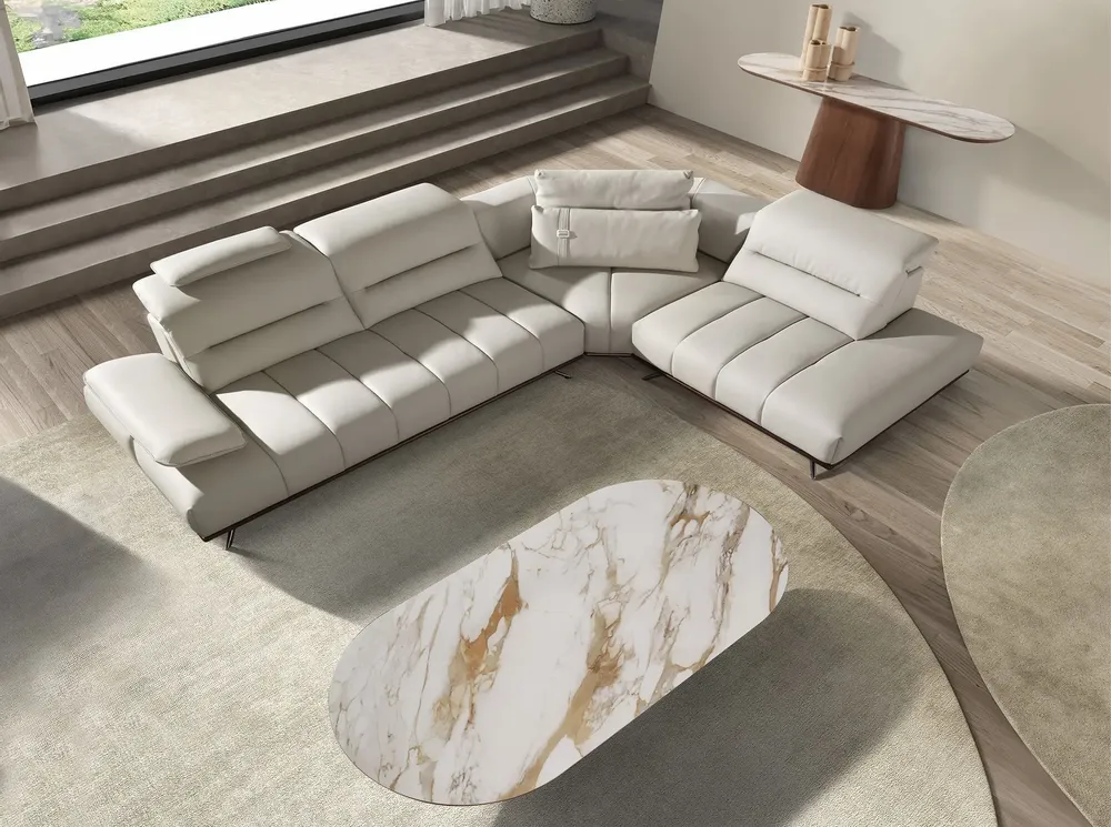 Console table - Porcelain marble and walnut half round oval console table - ANGEL CERDÁ