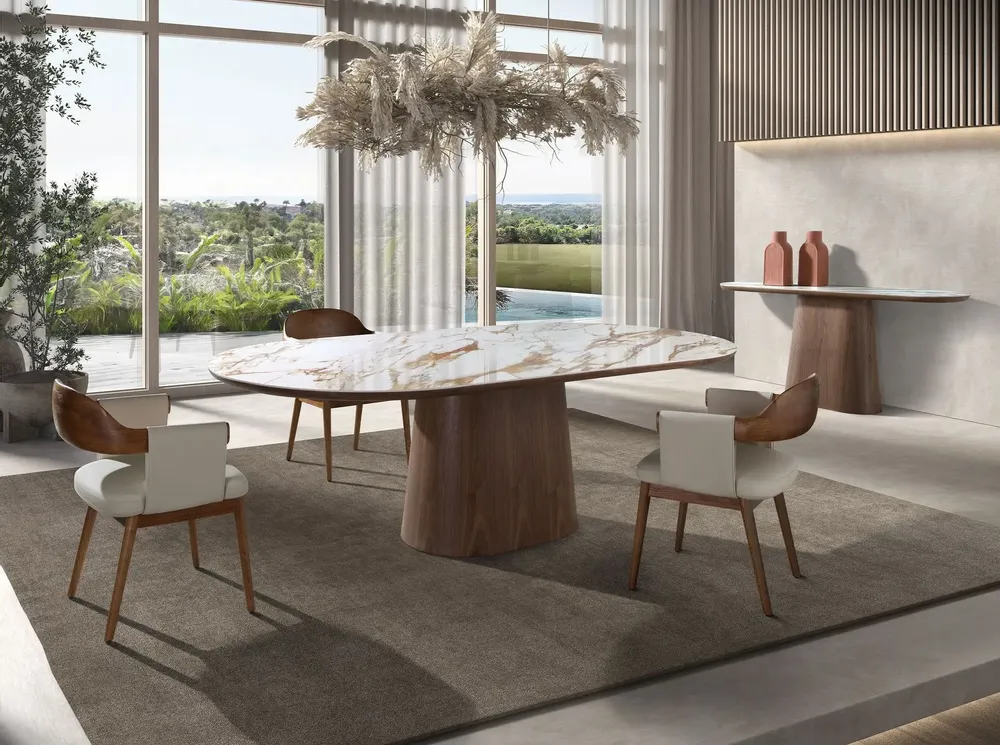 Console table - Porcelain marble and walnut half round oval console table - ANGEL CERDÁ