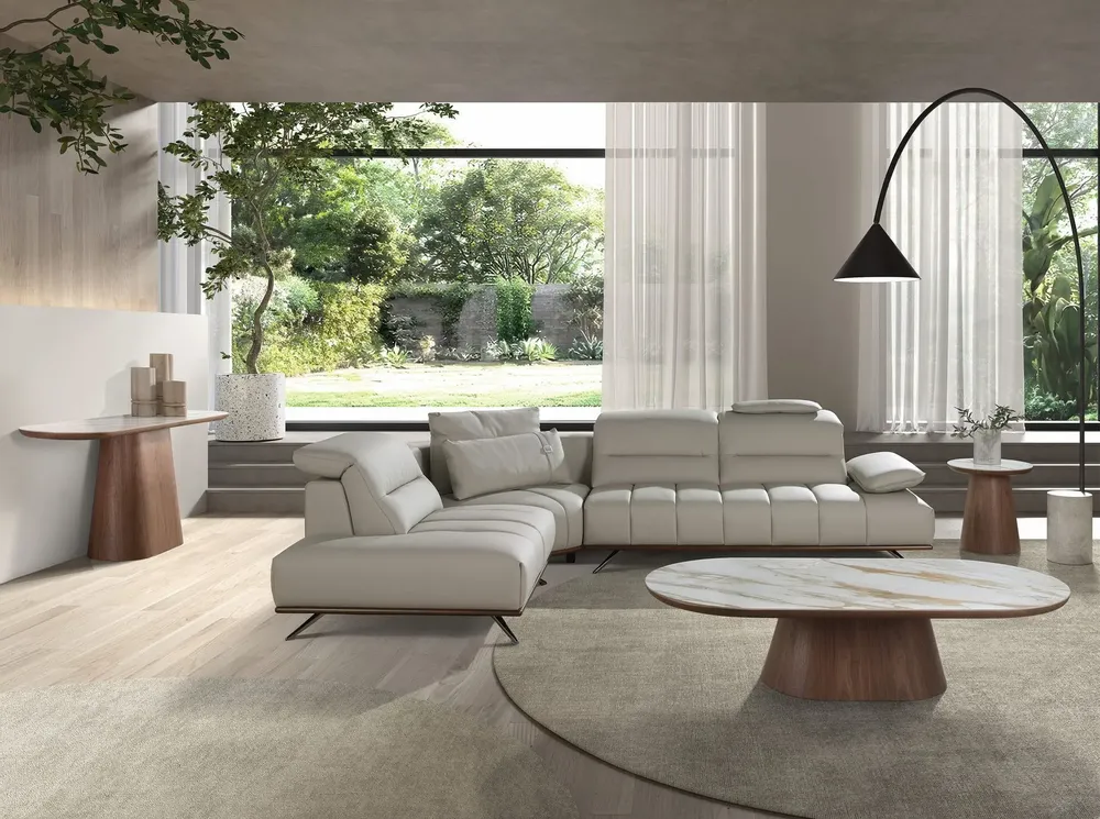 Console table - Porcelain marble and walnut half round oval console table - ANGEL CERDÁ