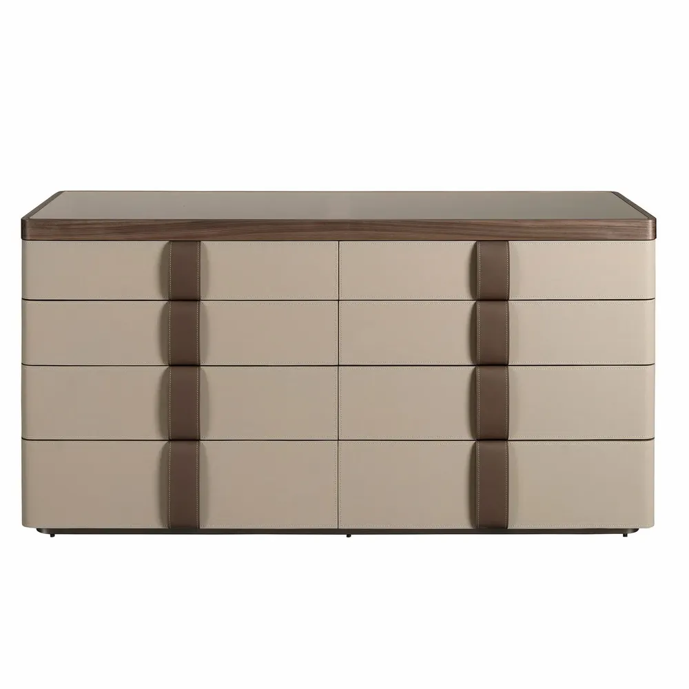 Chests of drawers - Leather chest of drawers, walnut, polished steel base and brown smoked - ANGEL CERDÁ