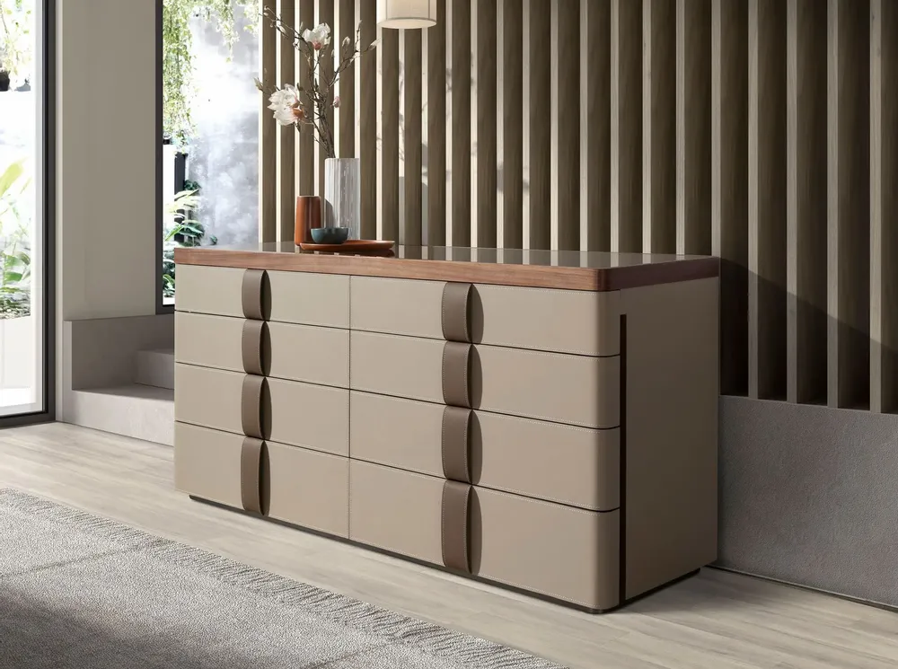 Chests of drawers - Leather chest of drawers, walnut, polished steel base and brown smoked - ANGEL CERDÁ
