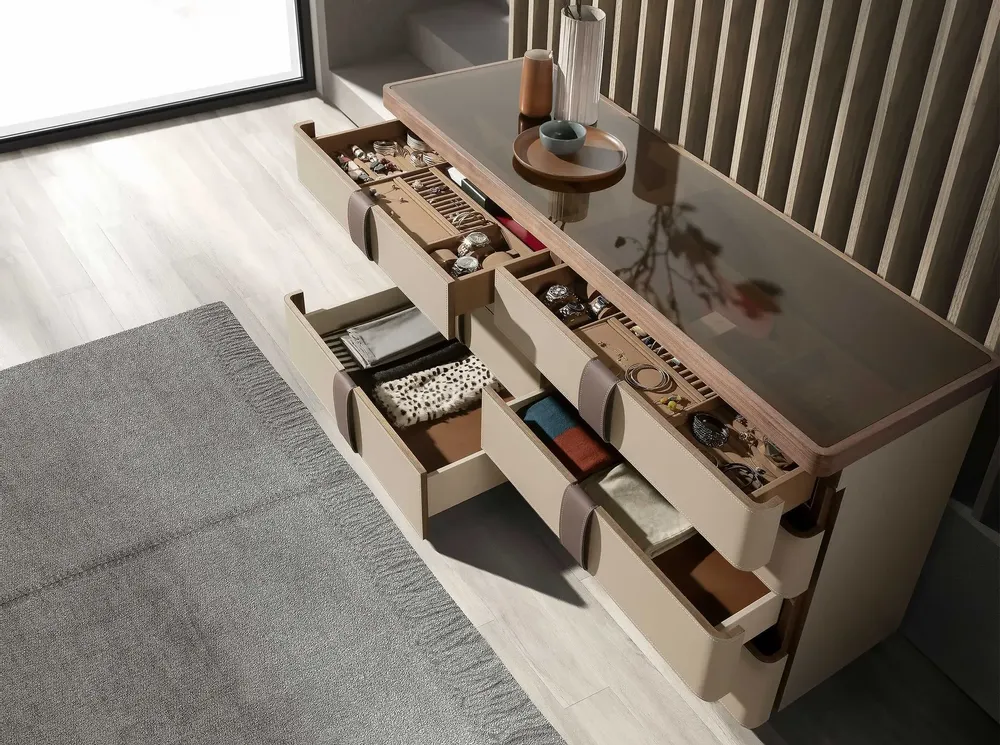Chests of drawers - Leather chest of drawers, walnut, polished steel base and brown smoked - ANGEL CERDÁ