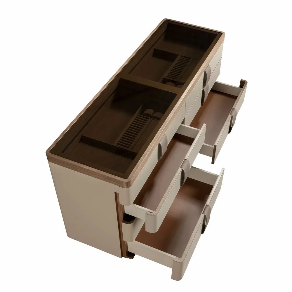 Chests of drawers - Leather chest of drawers, walnut, polished steel base and brown smoked - ANGEL CERDÁ