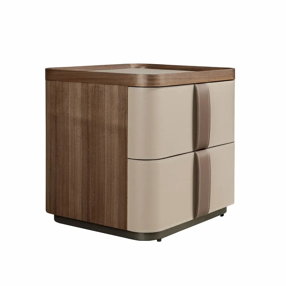 Night tables - Bedside table leather, walnut and polished steel base - ANGEL CERDÁ