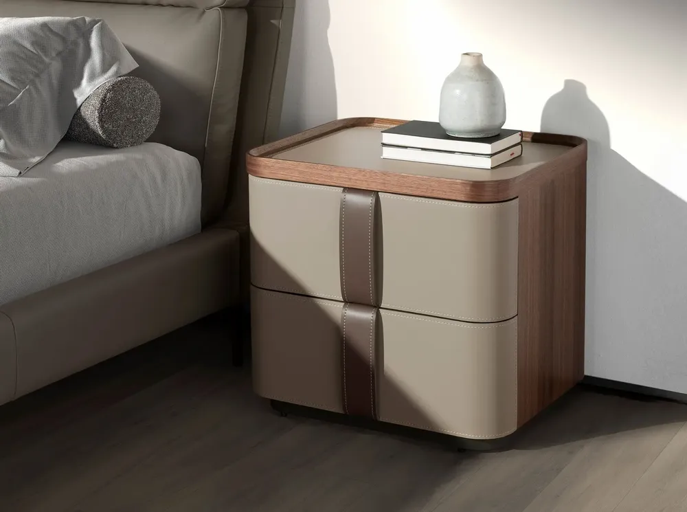Night tables - Bedside table leather, walnut and polished steel base - ANGEL CERDÁ