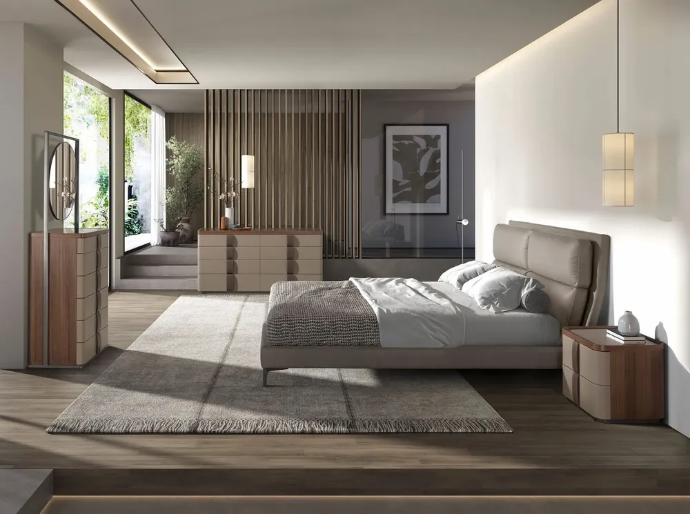 Night tables - Bedside table leather, walnut and polished steel base - ANGEL CERDÁ