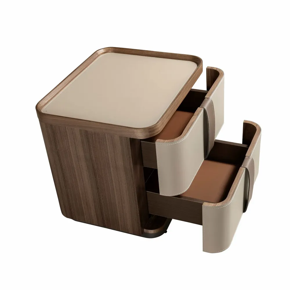 Night tables - Bedside table leather, walnut and polished steel base - ANGEL CERDÁ