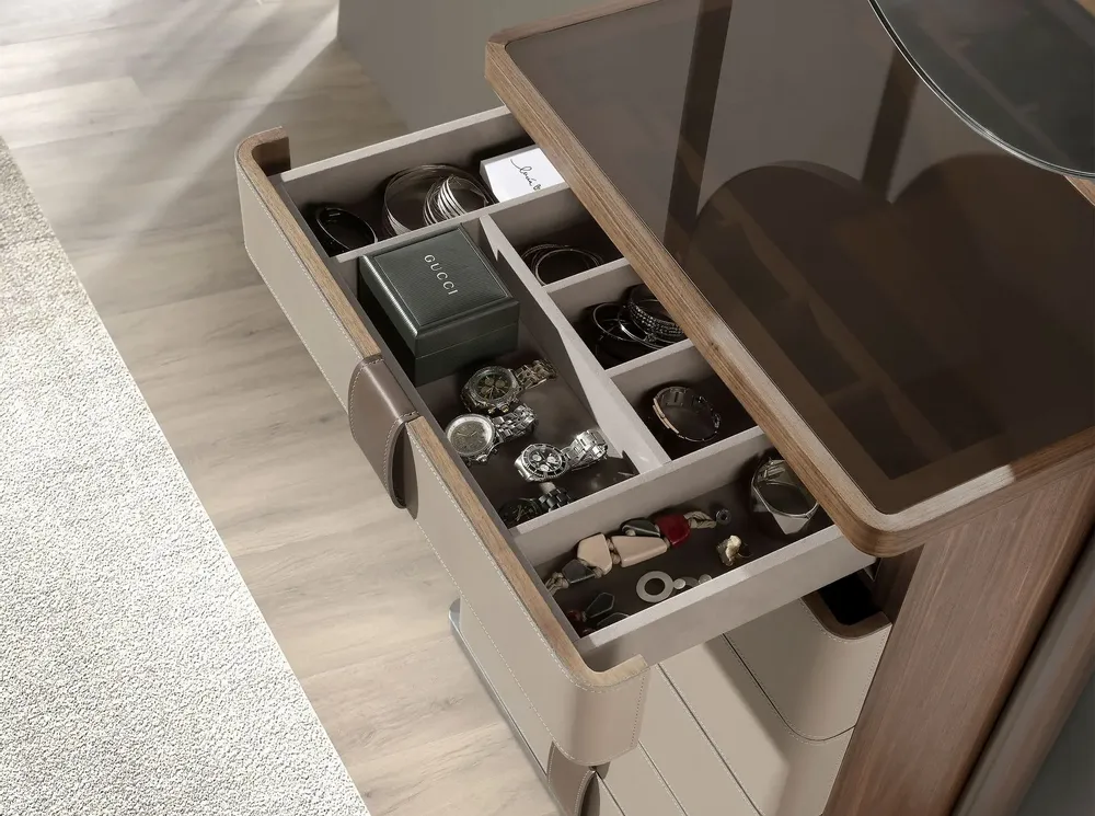 Chests of drawers - Chiffonier leather, walnut, grey steel and brown smoked glass top with - ANGEL CERDÁ